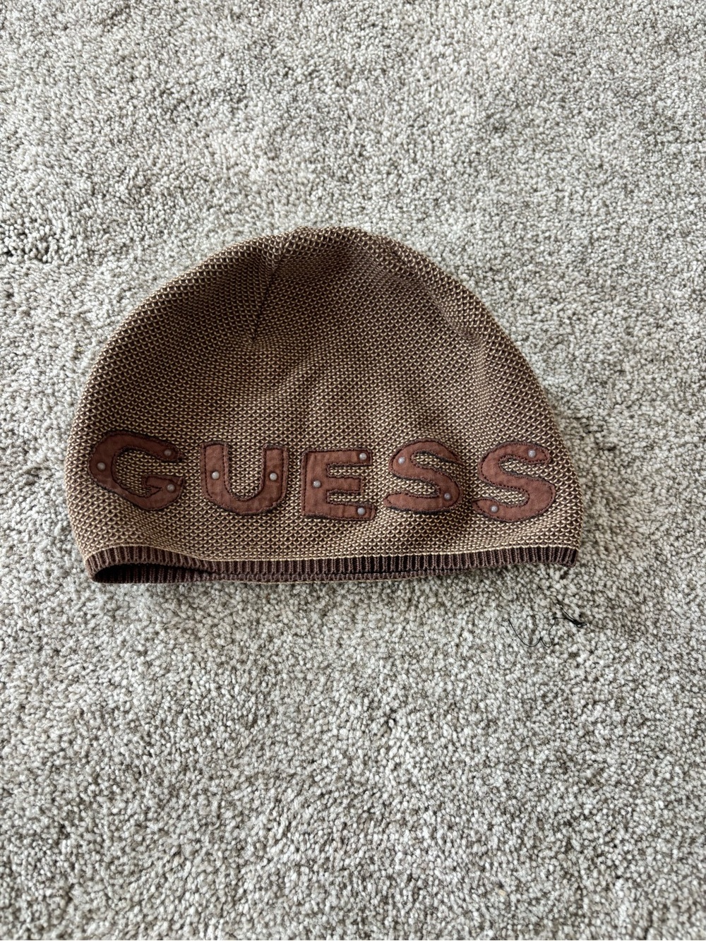 GUESS Brown Knit Beanie with Studded Logo